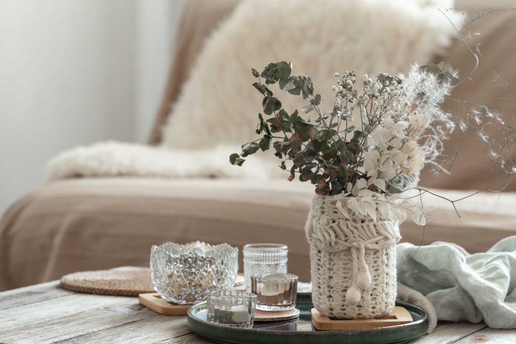 photo of a vase of flowers on a coffee table